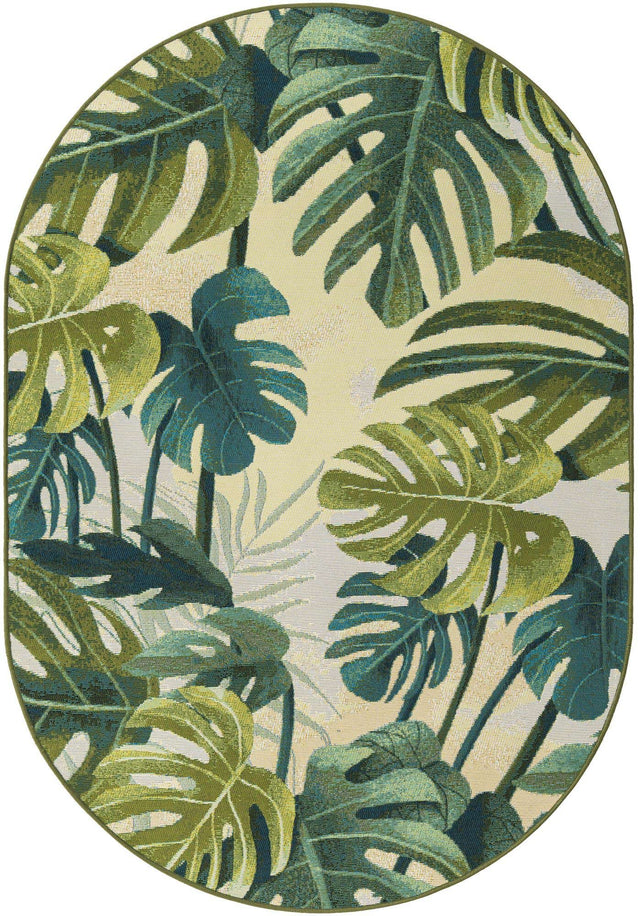 Green 4' 1 x 6' 1 Outdoor Botanical Oval Area Rug Weather Resistant for Patio, Deck, Terrace, Balcony, Porch Polypropylene Garden Floral Tropical Carpet for Sale at Rug Engine