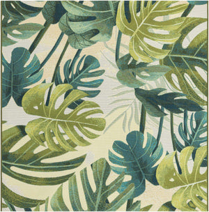 Green 5' 3 x 5' 3 Outdoor Botanical Square Area Rug Weather Resistant for Patio, Deck, Terrace, Balcony, Porch Polypropylene Garden Floral Tropical Carpet for Sale at Rug Engine
