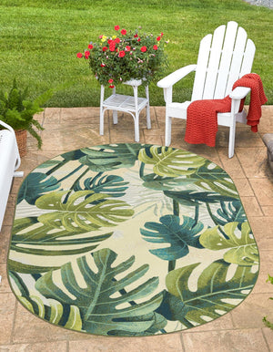 Green 5' 3 x 8' Outdoor Botanical Oval Area Rug Weather Resistant for Patio, Deck, Terrace, Balcony, Porch Polypropylene Garden Floral Tropical Carpet for Sale at Rug Engine