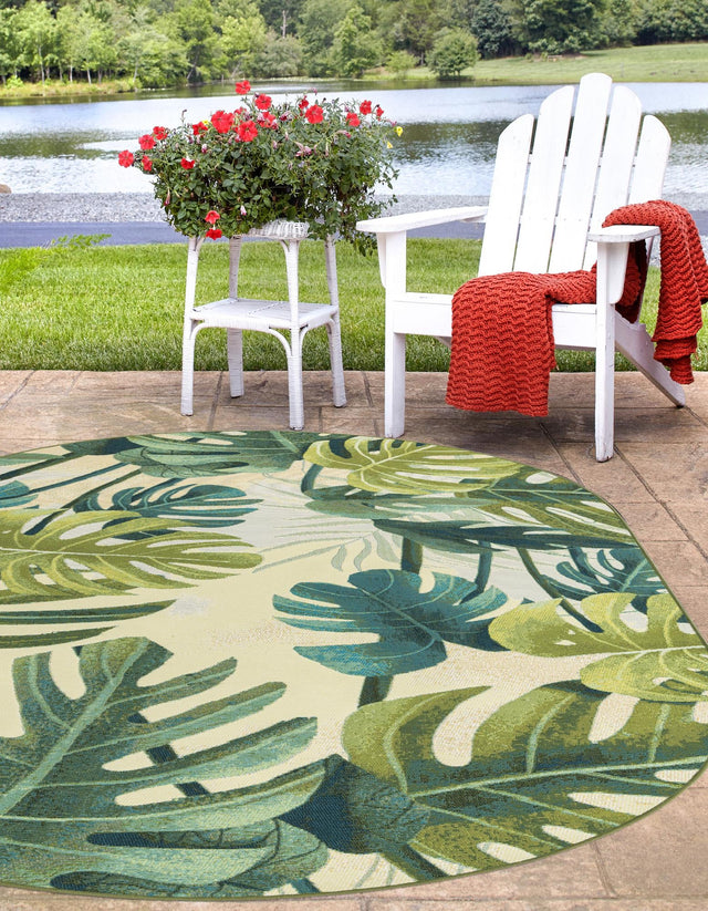 Green 5' 3 x 8' Outdoor Botanical Oval Area Rug Weather Resistant for Patio, Deck, Terrace, Balcony, Porch Polypropylene Garden Floral Tropical Carpet for Sale at Rug Engine