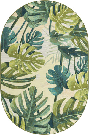 Green 5' 3 x 8' Outdoor Botanical Oval Area Rug Weather Resistant for Patio, Deck, Terrace, Balcony, Porch Polypropylene Garden Floral Tropical Carpet for Sale at Rug Engine