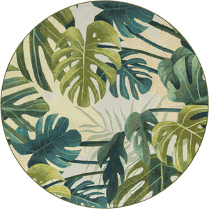 Green 6' 1 x 6' 1 Outdoor Botanical Round Area Rug Weather Resistant for Patio, Deck, Terrace, Balcony, Porch Polypropylene Garden Floral Tropical Carpet for Sale at Rug Engine