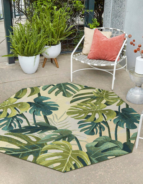 Green 7' 10 x 7' 10 Outdoor Botanical Octagon Area Rug Weather Resistant for Patio, Deck, Terrace, Balcony, Porch Polypropylene Garden Floral Tropical Carpet for Sale at Rug Engine