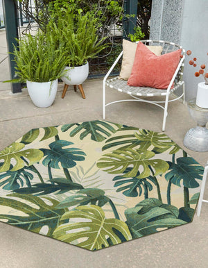 Green 5' 3 x 5' 3 Outdoor Botanical Octagon Area Rug Weather Resistant for Patio, Deck, Terrace, Balcony, Porch Polypropylene Garden Floral Tropical Carpet for Sale at Rug Engine