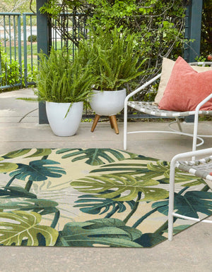 Green 7' 1 x 7' 1 Outdoor Botanical Octagon Area Rug Weather Resistant for Patio, Deck, Terrace, Balcony, Porch Polypropylene Garden Floral Tropical Carpet for Sale at Rug Engine