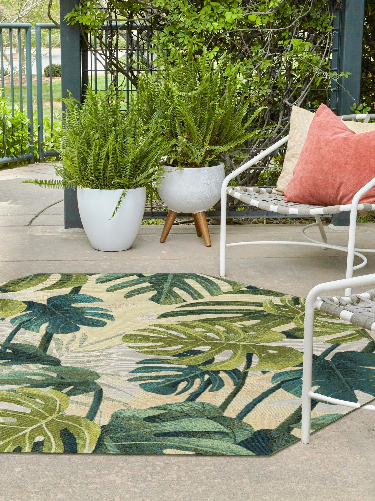 Green 5' 3 x 5' 3 Outdoor Botanical Octagon Area Rug Weather Resistant for Patio, Deck, Terrace, Balcony, Porch Polypropylene Garden Floral Tropical Carpet for Sale at Rug Engine