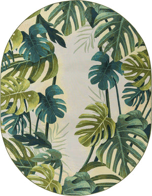Green 7' 10 x 10' Outdoor Botanical Oval Area Rug Weather Resistant for Patio, Deck, Terrace, Balcony, Porch Polypropylene Garden Floral Tropical Carpet for Sale at Rug Engine