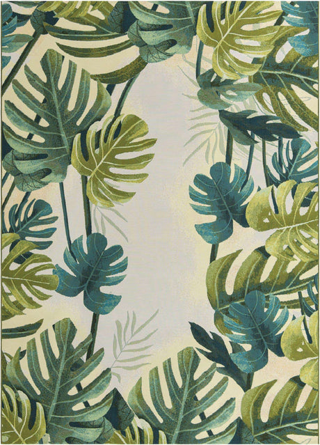 Green 7' 10 x 11' Outdoor Botanical Rectangle Area Rug Weather Resistant for Patio, Deck, Terrace, Balcony, Porch
