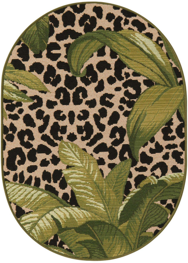 Green 2' 2 x 3' 1 Outdoor Botanical Oval Area Rug Weather Resistant for Patio, Deck, Terrace, Balcony, Porch Polypropylene Garden Floral Tropical Carpet for Sale at Rug Engine