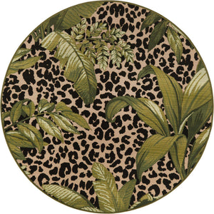 Green 4' 1 x 4' 1 Outdoor Botanical Round Area Rug Weather Resistant for Patio, Deck, Terrace, Balcony, Porch Polypropylene Garden Floral Tropical Carpet for Sale at Rug Engine
