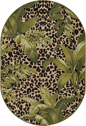 Green 4' 1 x 6' 1 Outdoor Botanical Oval Area Rug Weather Resistant for Patio, Deck, Terrace, Balcony, Porch Polypropylene Garden Floral Tropical Carpet for Sale at Rug Engine