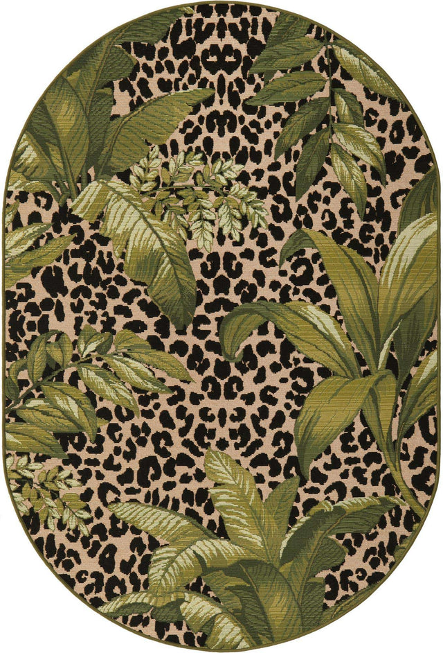 Green 4' 1 x 6' 1 Outdoor Botanical Oval Area Rug Weather Resistant for Patio, Deck, Terrace, Balcony, Porch Polypropylene Garden Floral Tropical Carpet for Sale at Rug Engine