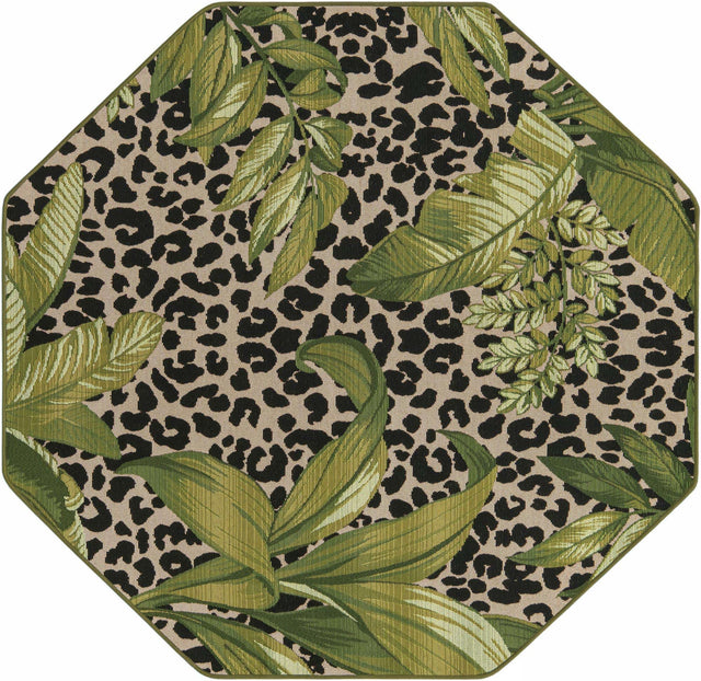 Green 5' 3 x 5' 3 Outdoor Botanical Octagon Area Rug Weather Resistant for Patio, Deck, Terrace, Balcony, Porch Polypropylene Garden Floral Tropical Carpet for Sale at Rug Engine