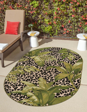 Green 4' 1 x 6' 1 Outdoor Botanical Oval Area Rug Weather Resistant for Patio, Deck, Terrace, Balcony, Porch Polypropylene Garden Floral Tropical Carpet for Sale at Rug Engine