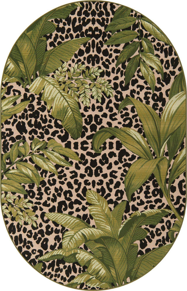 Green 5' 3 x 8' Outdoor Botanical Oval Area Rug Weather Resistant for Patio, Deck, Terrace, Balcony, Porch Polypropylene Garden Floral Tropical Carpet for Sale at Rug Engine