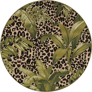 Green 6' 1 x 6' 1 Outdoor Botanical Round Area Rug Weather Resistant for Patio, Deck, Terrace, Balcony, Porch Polypropylene Garden Floral Tropical Carpet for Sale at Rug Engine