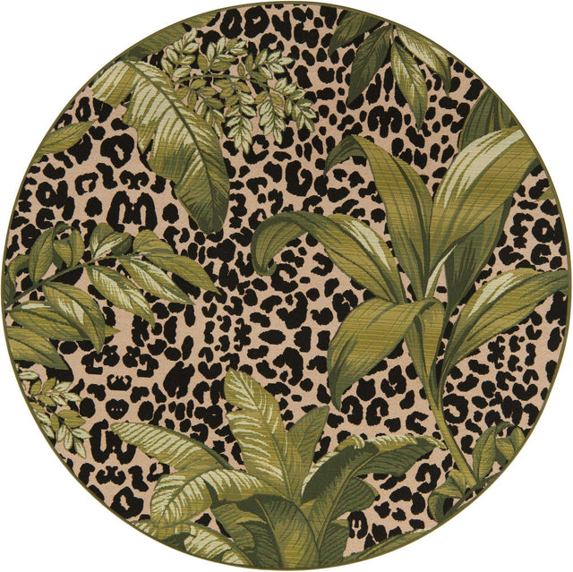 Green 6' 1 x 6' 1 Outdoor Botanical Round Area Rug Weather Resistant for Patio, Deck, Terrace, Balcony, Porch Polypropylene Garden Floral Tropical Carpet for Sale at Rug Engine