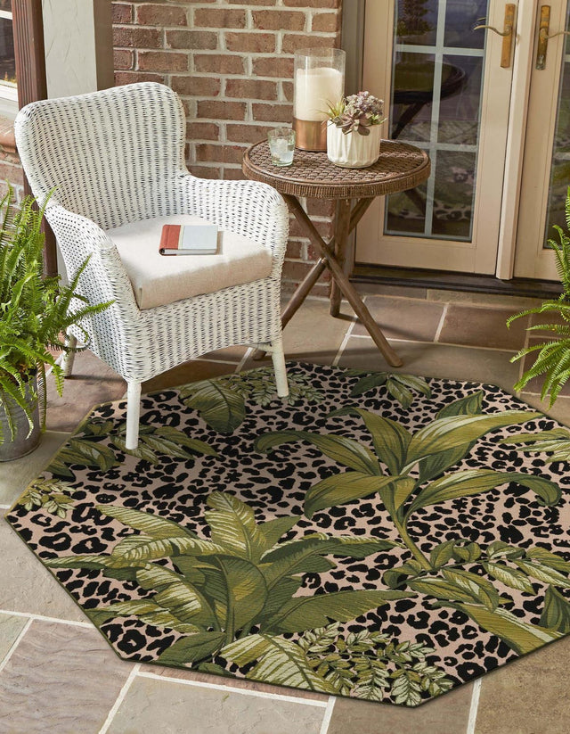Green 5' 3 x 5' 3 Outdoor Botanical Octagon Area Rug Weather Resistant for Patio, Deck, Terrace, Balcony, Porch Polypropylene Garden Floral Tropical Carpet for Sale at Rug Engine