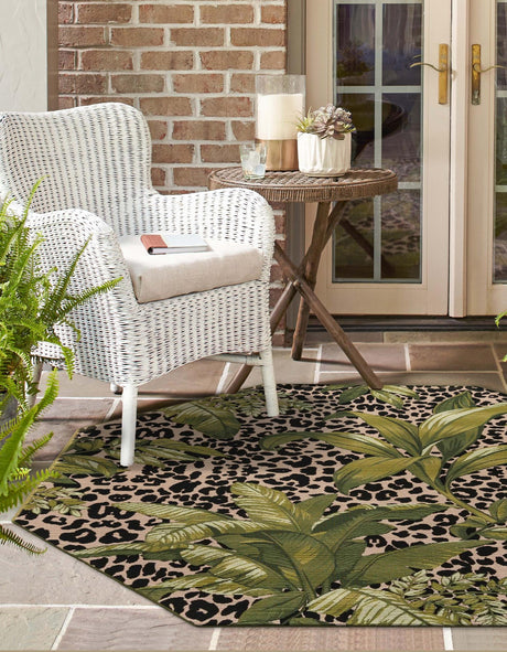 Green 7' 10 x 7' 10 Outdoor Botanical Octagon Area Rug Weather Resistant for Patio, Deck, Terrace, Balcony, Porch Polypropylene Garden Floral Tropical Carpet for Sale at Rug Engine