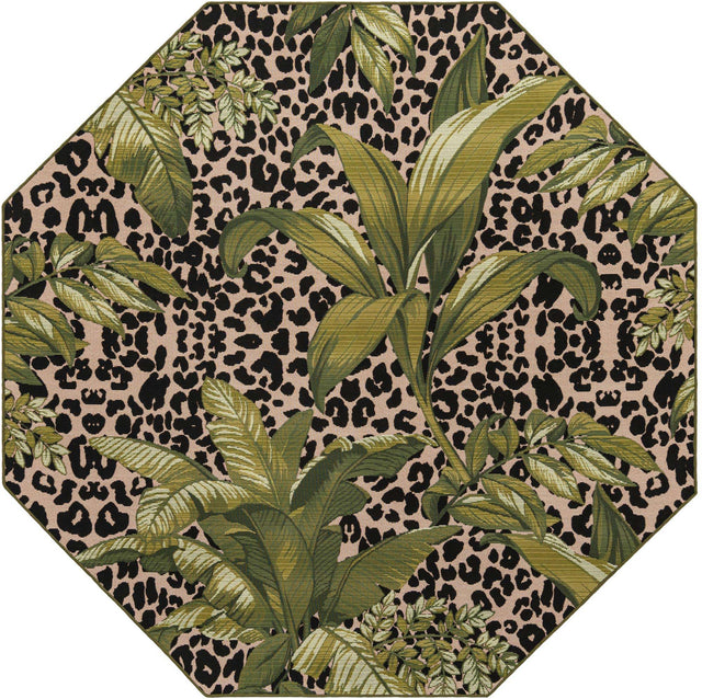 Green 7' 1 x 7' 1 Outdoor Botanical Octagon Area Rug Weather Resistant for Patio, Deck, Terrace, Balcony, Porch Polypropylene Garden Floral Tropical Carpet for Sale at Rug Engine