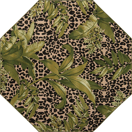 Green 7' 10 x 7' 10 Outdoor Botanical Octagon Area Rug Weather Resistant for Patio, Deck, Terrace, Balcony, Porch Polypropylene Garden Floral Tropical Carpet for Sale at Rug Engine