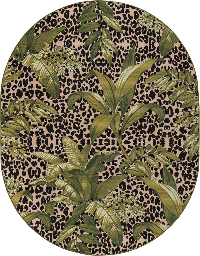 Green 7' 10 x 10' Outdoor Botanical Oval Area Rug Weather Resistant for Patio, Deck, Terrace, Balcony, Porch Polypropylene Garden Floral Tropical Carpet for Sale at Rug Engine