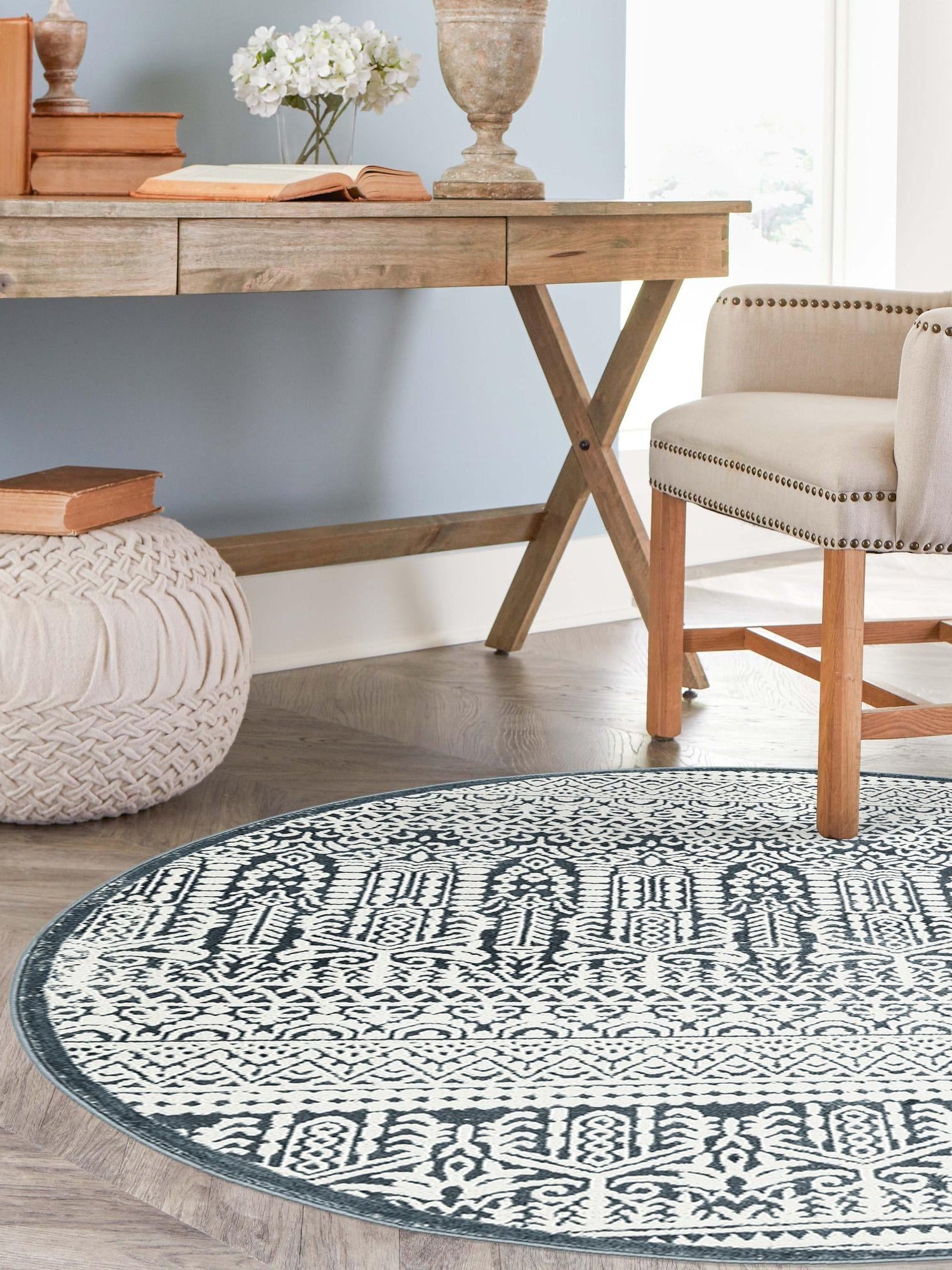 Blue 7' 10 x 7' 10 Jill Zarin Uptown Round Area Rug 70% Polypropylene & 30% Polyester  Contemporary Carpet for Living, Dining, Office, Bedroom for Sale at Rug Engine