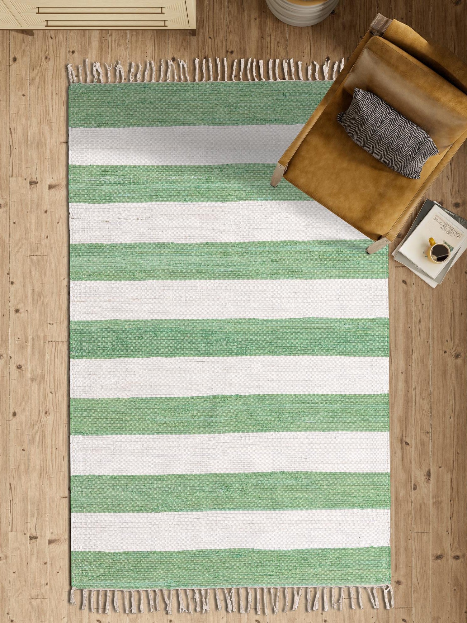 Green and Ivory 5' 1 x 8' Chindi Rag Rectangle Area Rug 100% Cotton All Natural Eco-Friendly Carpet Mat Decor for Homes for Sale at Rug Engine