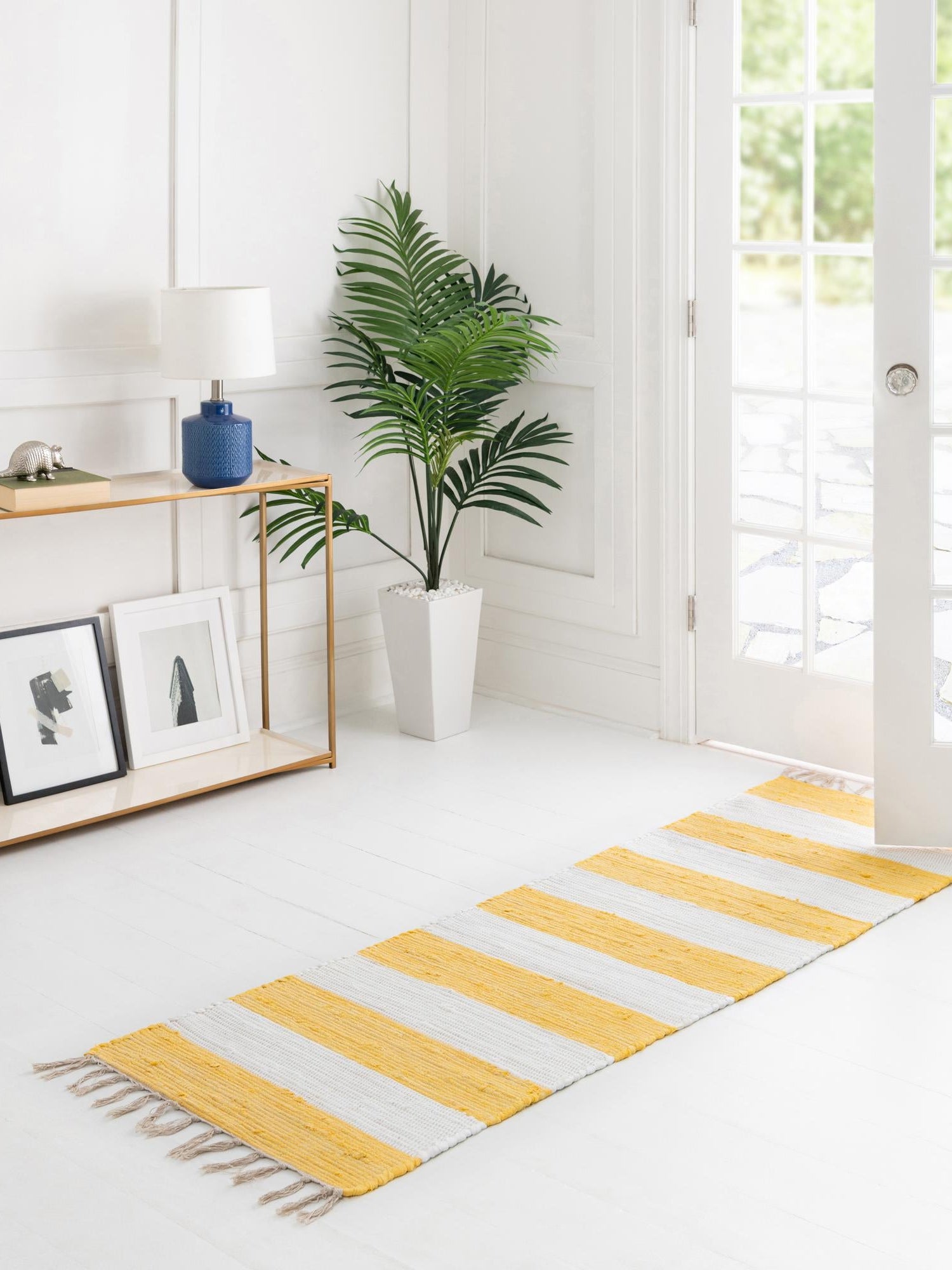 Yellow and Ivory 2' 2 x 10' Chindi Rag Runner Area Rug 100% Cotton All Natural Eco-Friendly Carpet Mat Decor for Homes for Sale at Rug Engine