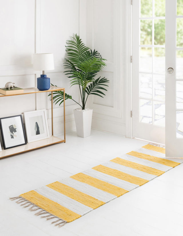 Yellow and Ivory 2' 2 x 10' Chindi Rag Runner Area Rug 100% Cotton All Natural Eco-Friendly Carpet Mat Decor for Homes for Sale at Rug Engine
