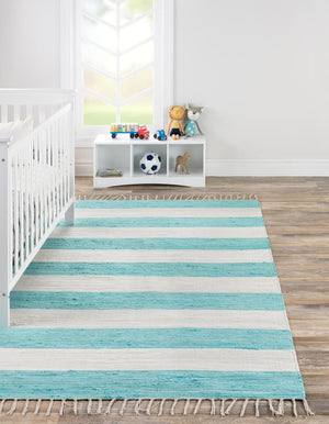 Turquoise and Ivory 7' 10 x 10' Chindi Rag Rectangle Area Rug 100% Cotton All Natural Eco-Friendly Carpet Mat Decor for Homes for Sale at Rug Engine