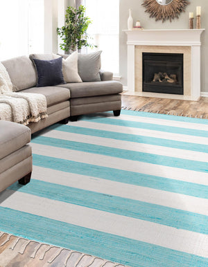 Turquoise and Ivory 9' x 12' Chindi Rag Rectangle Area Rug 100% Cotton All Natural Eco-Friendly Carpet Mat Decor for Homes for Sale at Rug Engine