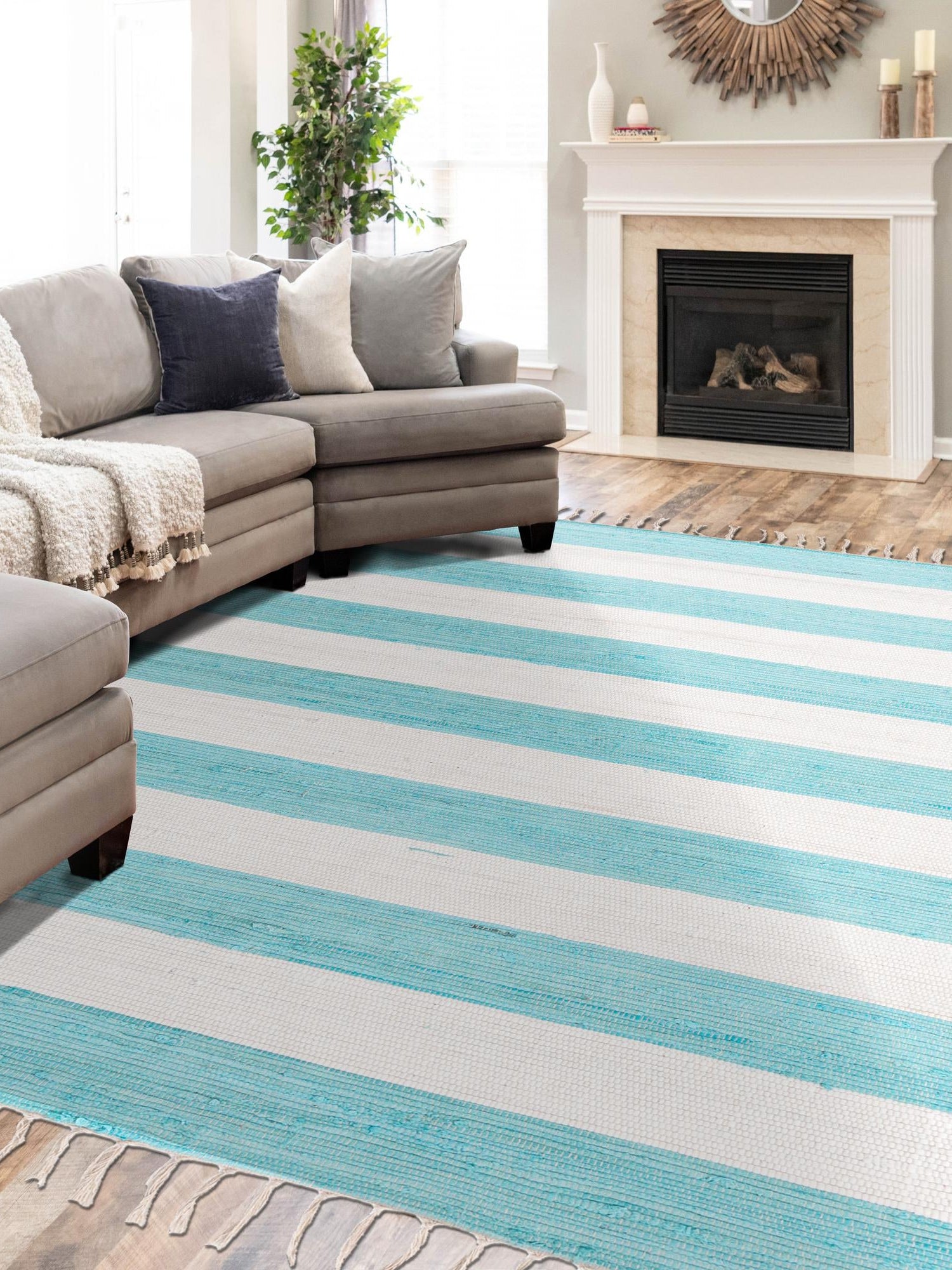 Turquoise and Ivory 5' 1 x 8' Chindi Rag Rectangle Area Rug 100% Cotton All Natural Eco-Friendly Carpet Mat Decor for Homes for Sale at Rug Engine