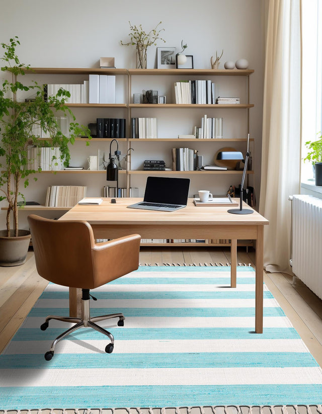 Turquoise and Ivory 4' 1 x 6' 1 Chindi Rag Rectangle Area Rug 100% Cotton All Natural Eco-Friendly Carpet Mat Decor for Homes for Sale at Rug Engine