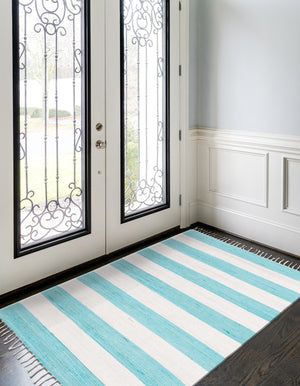Turquoise and Ivory 6' 1 x 9' Chindi Rag Rectangle Area Rug 100% Cotton All Natural Eco-Friendly Carpet Mat Decor for Homes for Sale at Rug Engine