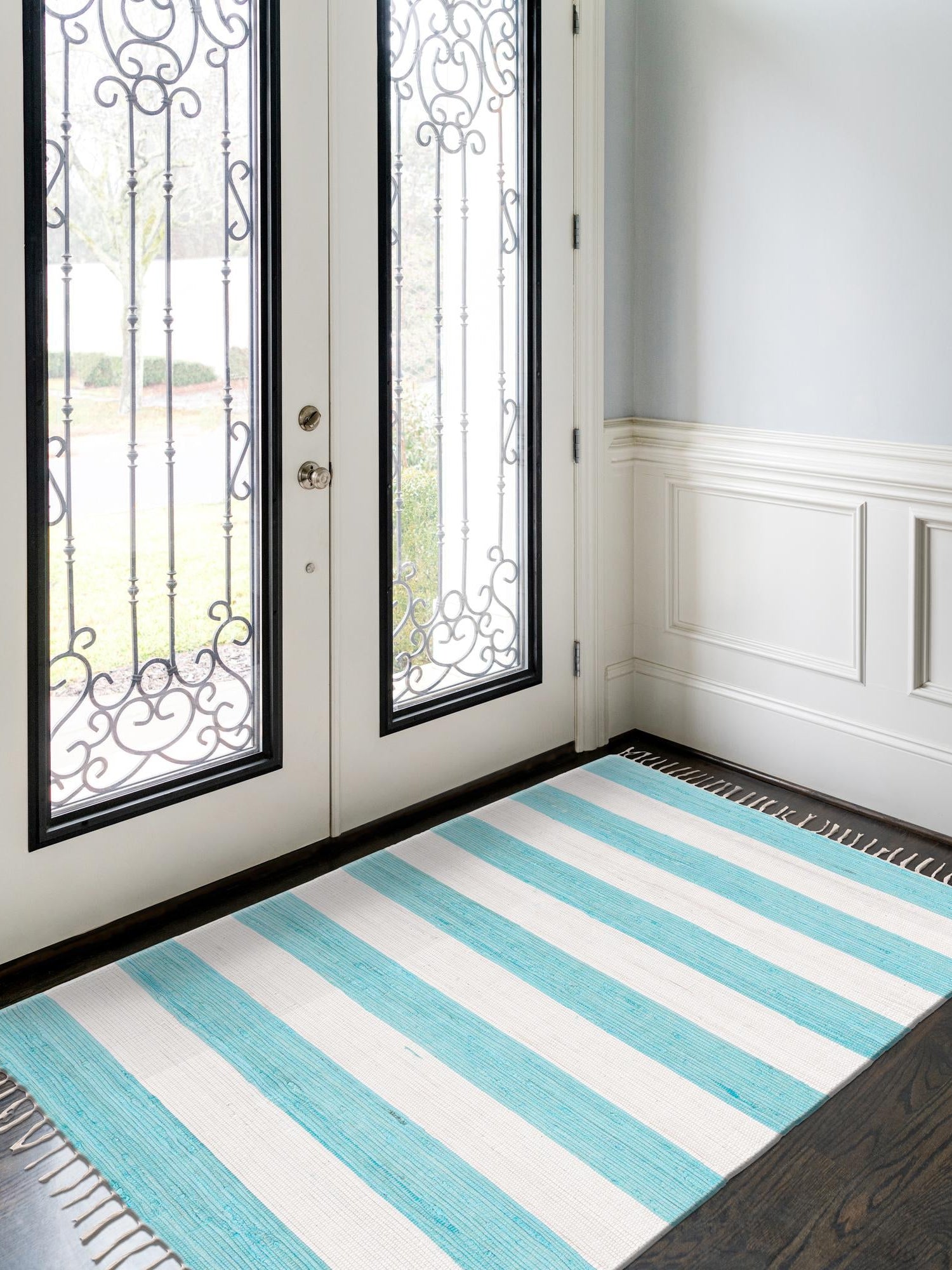 Turquoise and Ivory 10' x 14' 1 Chindi Rag Rectangle Area Rug 100% Cotton All Natural Eco-Friendly Carpet Mat Decor for Homes for Sale at Rug Engine