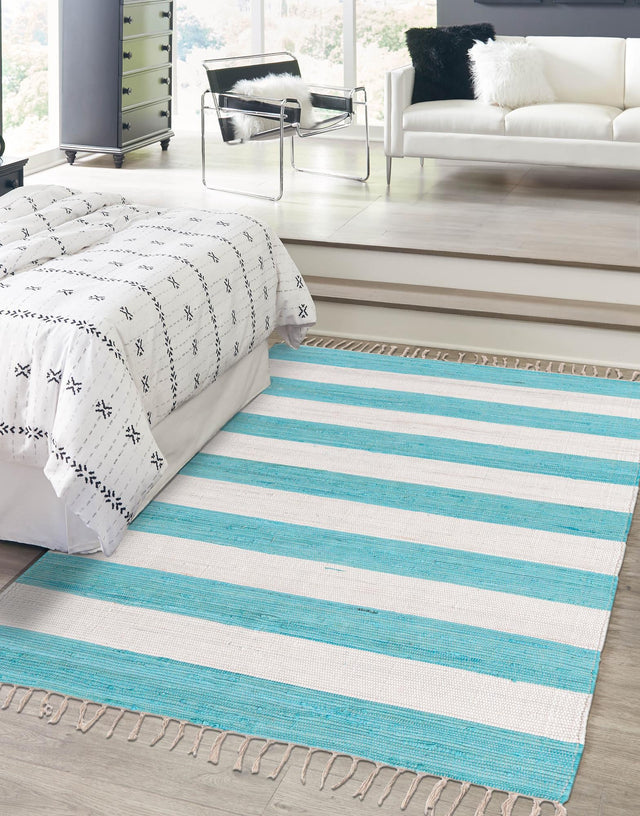 Turquoise and Ivory 5' 1 x 8' Chindi Rag Rectangle Area Rug 100% Cotton All Natural Eco-Friendly Carpet Mat Decor for Homes for Sale at Rug Engine
