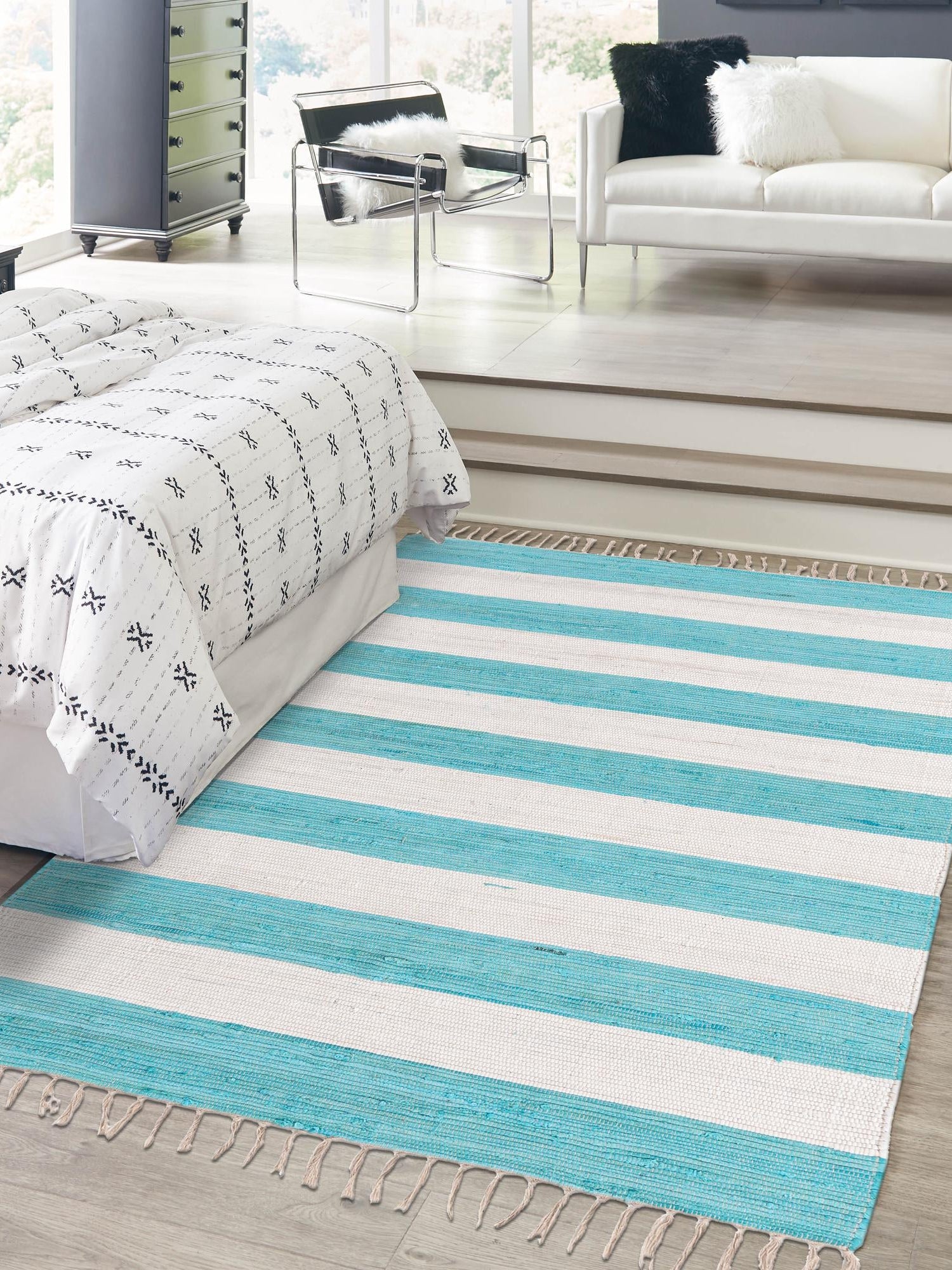 Turquoise and Ivory 10' x 14' 1 Chindi Rag Rectangle Area Rug 100% Cotton All Natural Eco-Friendly Carpet Mat Decor for Homes for Sale at Rug Engine