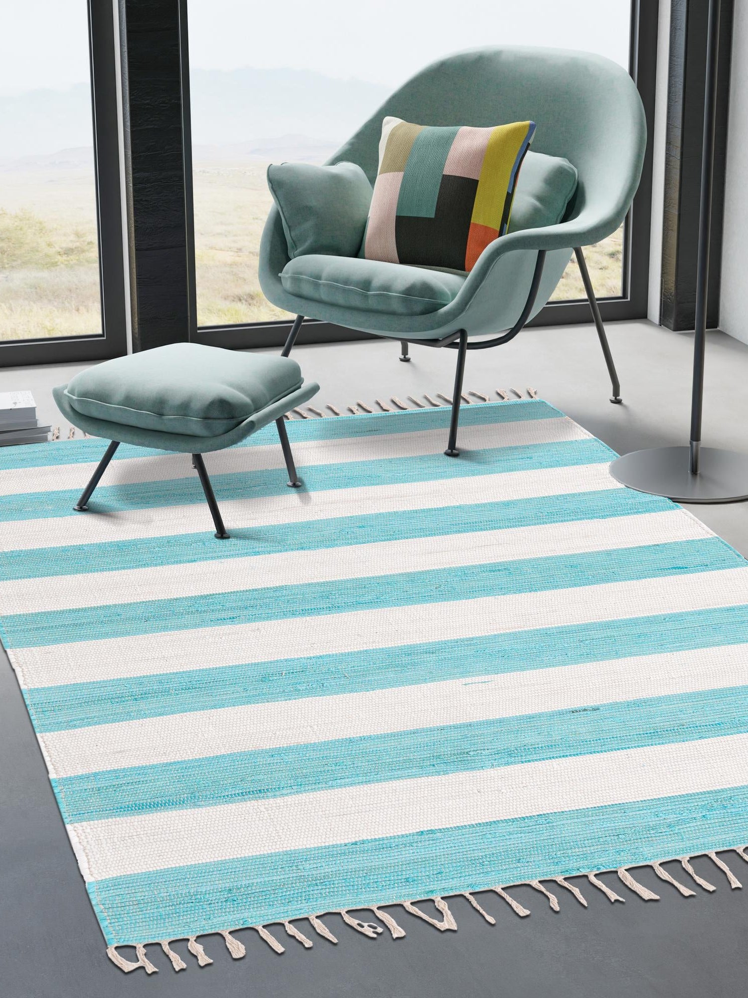 Turquoise and Ivory 2' 2 x 3' 1 Chindi Rag Rectangle Area Rug 100% Cotton All Natural Eco-Friendly Carpet Mat Decor for Homes for Sale at Rug Engine