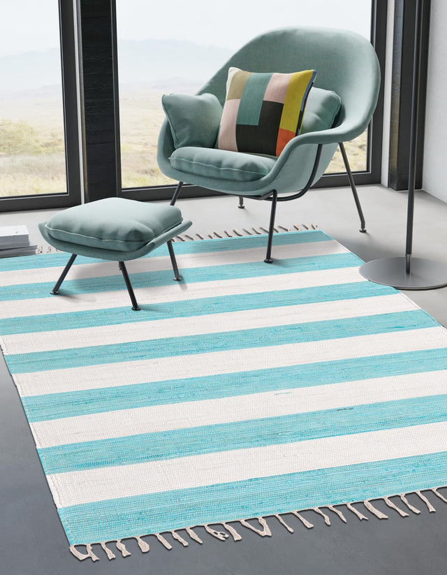 Turquoise and Ivory 2' 2 x 3' 1 Chindi Rag Rectangle Area Rug 100% Cotton All Natural Eco-Friendly Carpet Mat Decor for Homes for Sale at Rug Engine