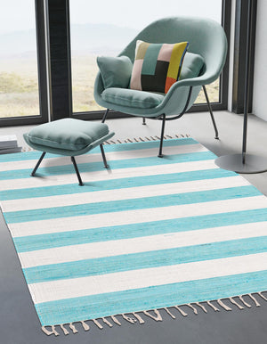Turquoise and Ivory 4' 1 x 6' 1 Chindi Rag Rectangle Area Rug 100% Cotton All Natural Eco-Friendly Carpet Mat Decor for Homes for Sale at Rug Engine