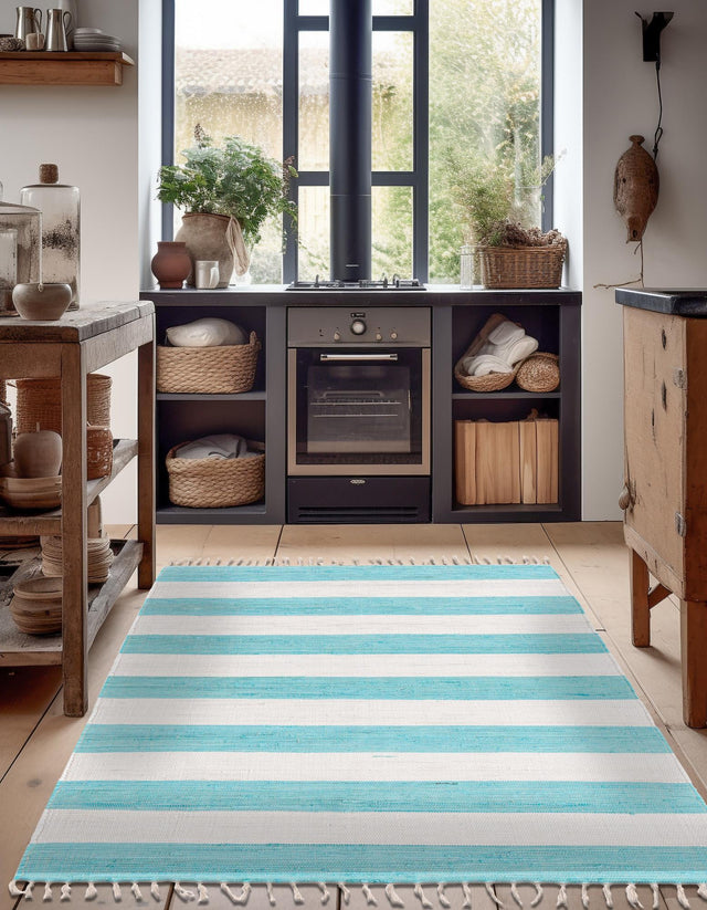 Turquoise and Ivory 4' 1 x 6' 1 Chindi Rag Rectangle Area Rug 100% Cotton All Natural Eco-Friendly Carpet Mat Decor for Homes for Sale at Rug Engine