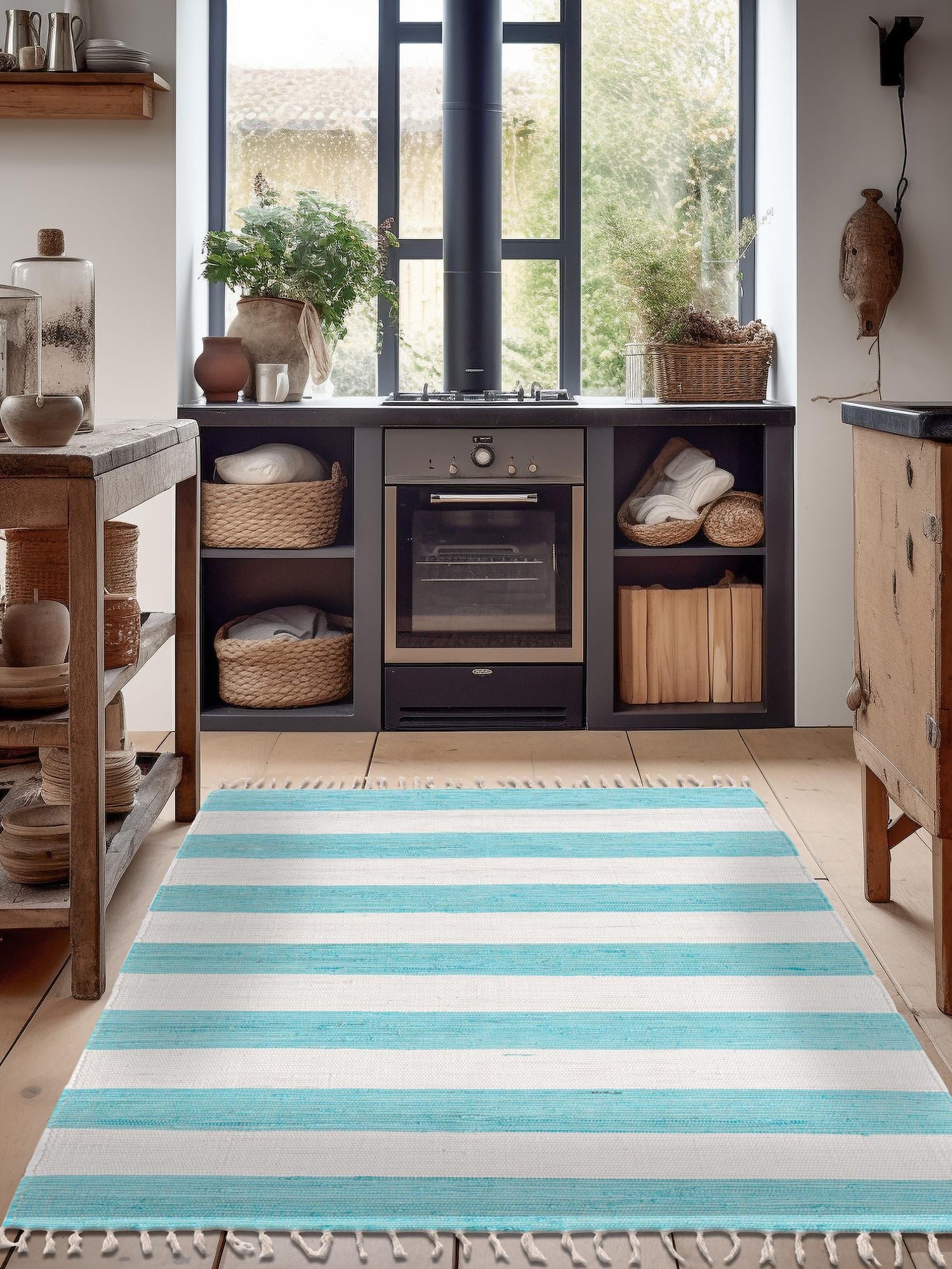 Turquoise and Ivory 2' 2 x 3' 1 Chindi Rag Rectangle Area Rug 100% Cotton All Natural Eco-Friendly Carpet Mat Decor for Homes for Sale at Rug Engine