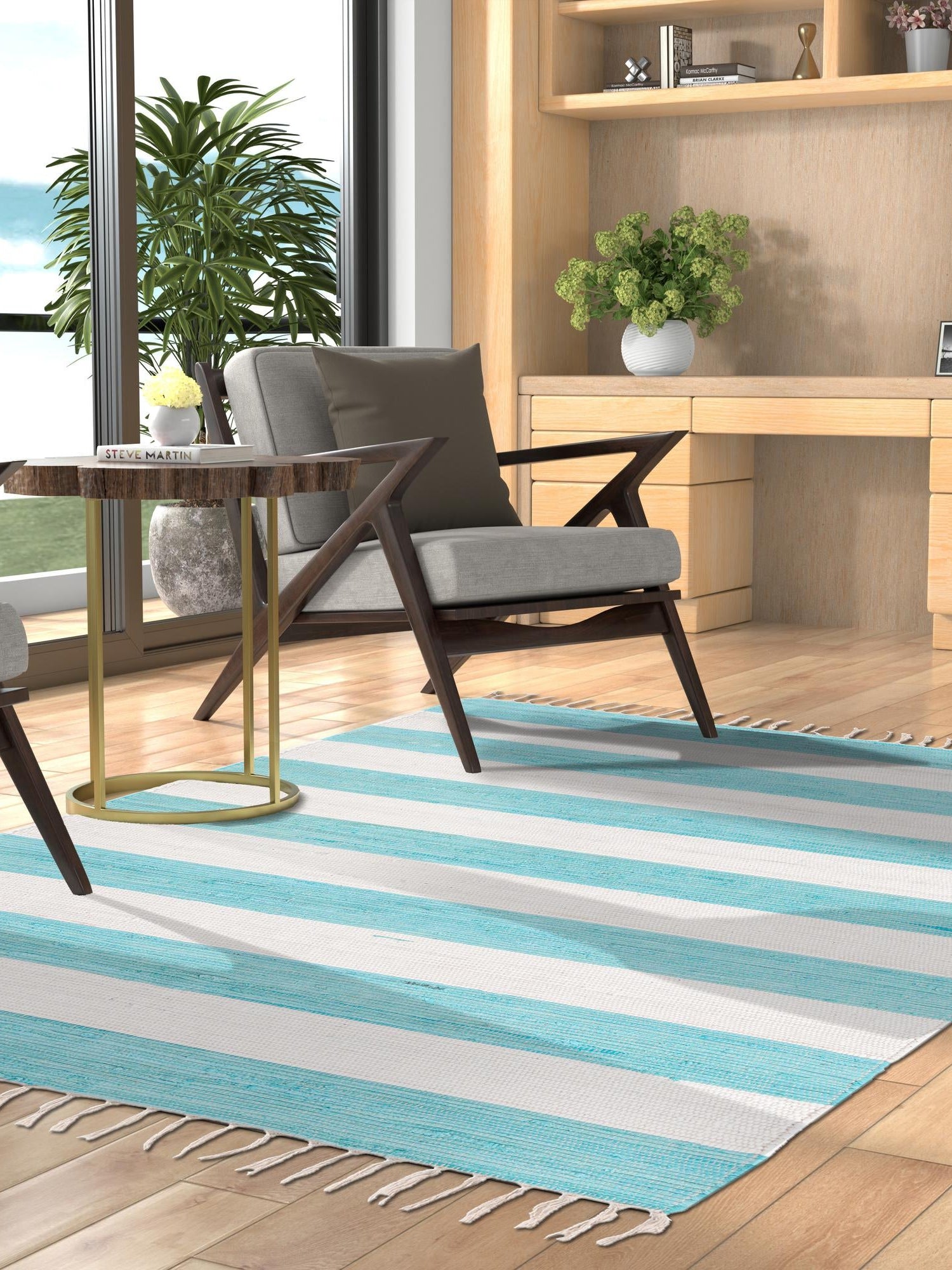 Turquoise and Ivory 4' 1 x 6' 1 Chindi Rag Rectangle Area Rug 100% Cotton All Natural Eco-Friendly Carpet Mat Decor for Homes for Sale at Rug Engine