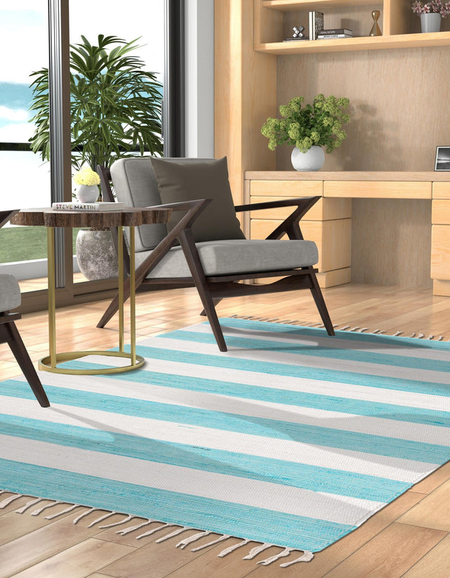 Turquoise and Ivory 10' x 14' 1 Chindi Rag Rectangle Area Rug 100% Cotton All Natural Eco-Friendly Carpet Mat Decor for Homes for Sale at Rug Engine
