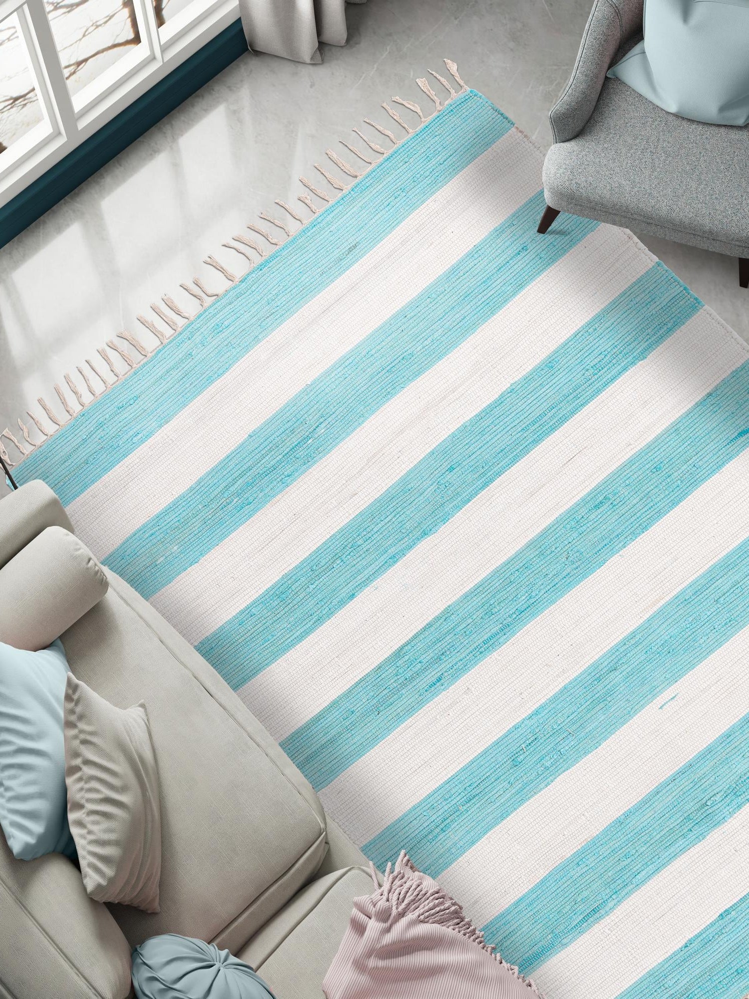 Turquoise and Ivory 7' 10 x 10' Chindi Rag Rectangle Area Rug 100% Cotton All Natural Eco-Friendly Carpet Mat Decor for Homes for Sale at Rug Engine