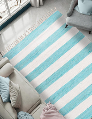 Turquoise and Ivory 7' 10 x 10' Chindi Rag Rectangle Area Rug 100% Cotton All Natural Eco-Friendly Carpet Mat Decor for Homes for Sale at Rug Engine