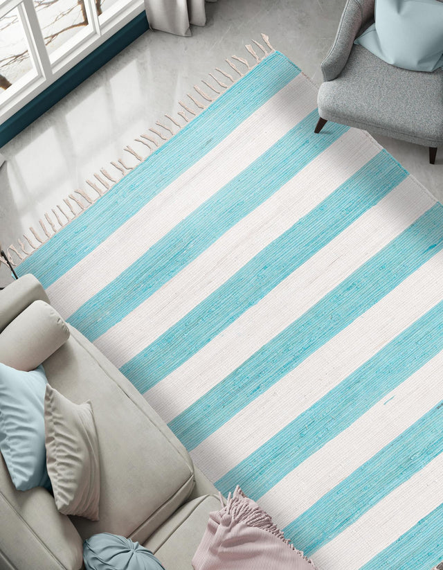 Turquoise and Ivory 6' 1 x 9' Chindi Rag Rectangle Area Rug 100% Cotton All Natural Eco-Friendly Carpet Mat Decor for Homes for Sale at Rug Engine