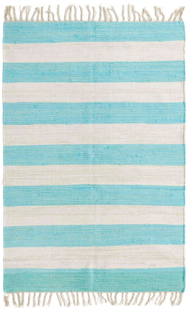 Turquoise and Ivory 4' 1 x 6' 1 Chindi Rag Rectangle Area Rug 100% Cotton All Natural Eco-Friendly Carpet Mat Decor for Homes for Sale at Rug Engine