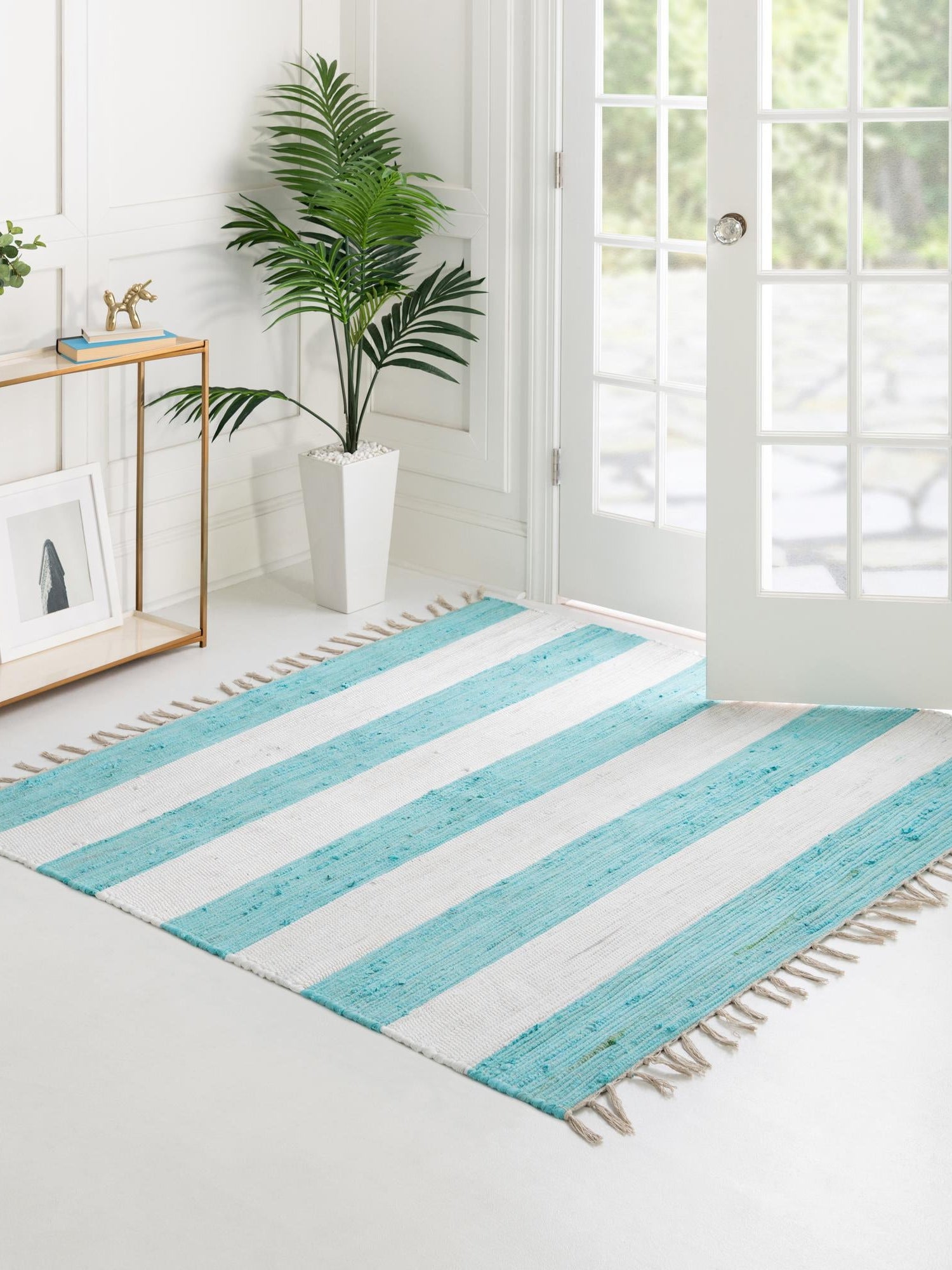 Turquoise and Ivory 5' 1 x 5' 1 Chindi Rag Square Area Rug 100% Cotton All Natural Eco-Friendly Carpet Mat Decor for Homes for Sale at Rug Engine
